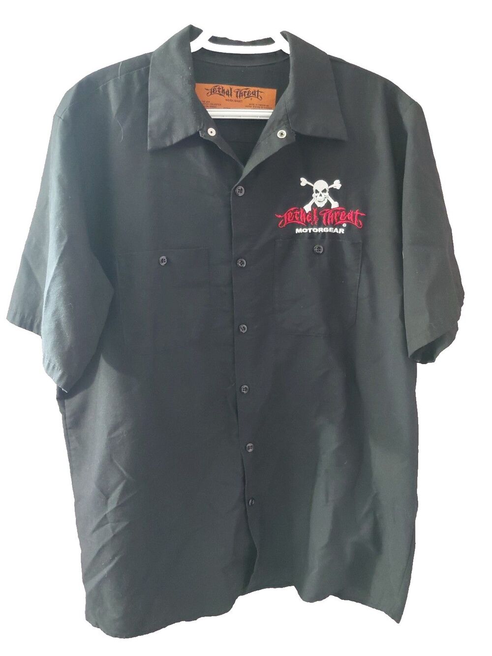 Lethal Threat Motorcycle Work Shirt Mens L Motorgear Mechanic Garage Skull USA